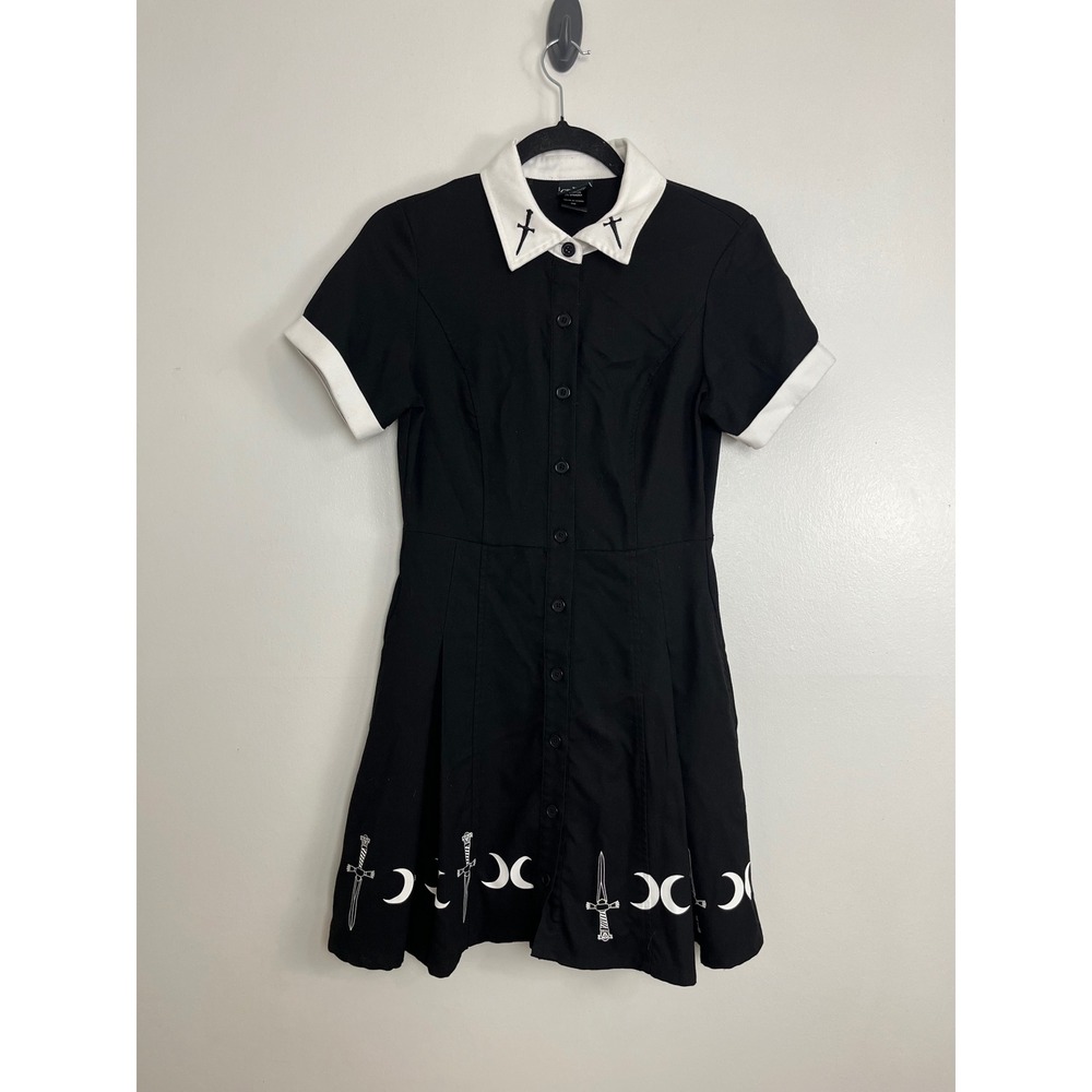 The Craft Goth Witchy Button Front Dress XS Black White Dagger Moon